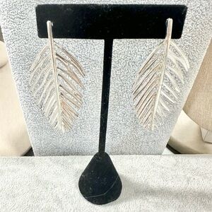 Large Silver Tone Palm Leaf Statement Fashion Post Back Earrings